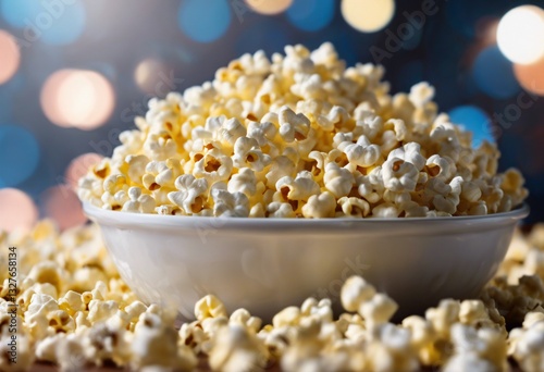A bowl of buttery, salted popcorn spilling over onto a movie-themed background