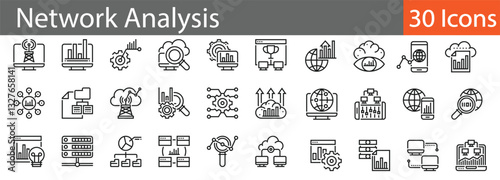 Network Analysis Line Icons Set. Collection of 30 outline icons representing data flow, connectivity, cybersecurity, and digital communication. Editable stroke vector illustration.