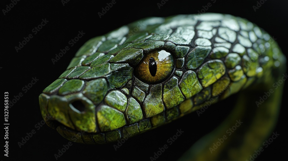 Green snake head closeup, black background, reptile detail, wildlife photography Green snake head closeup, black background, reptile detail, wildlife photography