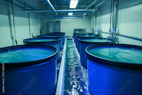 Industrial aquaculture facility with blue water tanks filled with fish stock in a well-lit room photo