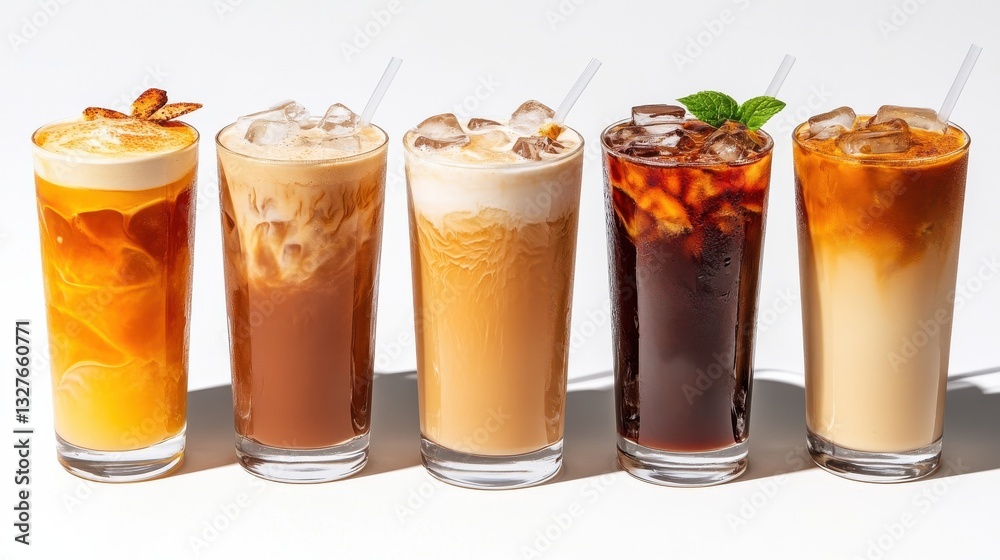 An assortment of iced latte drinks in tall glasses, highlighting different flavor variations and garnishes An assortment of iced latte drinks in tall glasses, highlighting different flavor variations and garnishes