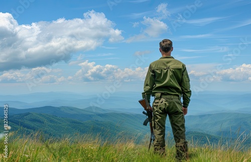 He holds a rifle, ensuring all safety measures are in place, in the natural environment