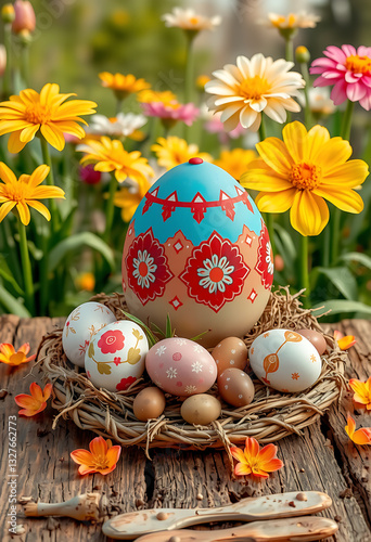 Colorful Easter Eggs in a Festive Nest on a Wooden Table Against a Spring Flower Background