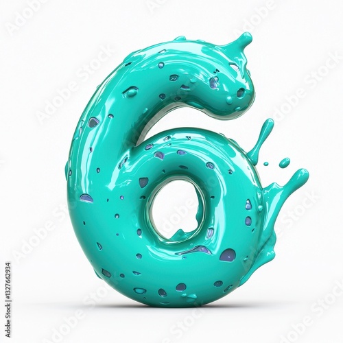 Number 6 with a bright teal slime texture and explosive splash marks, isolated on a pure white background