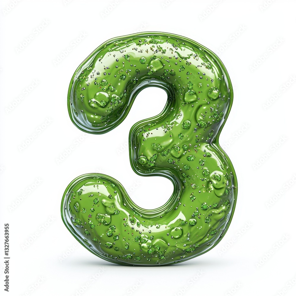 Number 3 with a gooey green slime texture filled with glitter, isolated on a pure white background Number 3 with a gooey green slime texture filled with glitter, isolated on a pure white background
