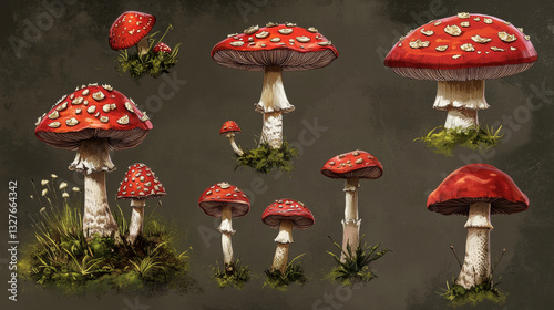 Amanita fly agaric toadstool mushrooms fungus different art style design vector illustration red hat