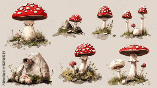 Amanita fly agaric toadstool mushrooms fungus different art style design vector illustration red hat