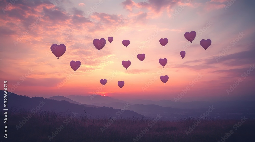 Fototapeta premium Heart Shaped Balloons Soar Above Sunset Mountains