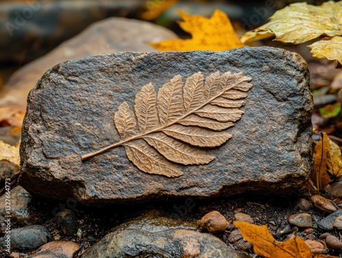 Fossil leaf imprint on a stone