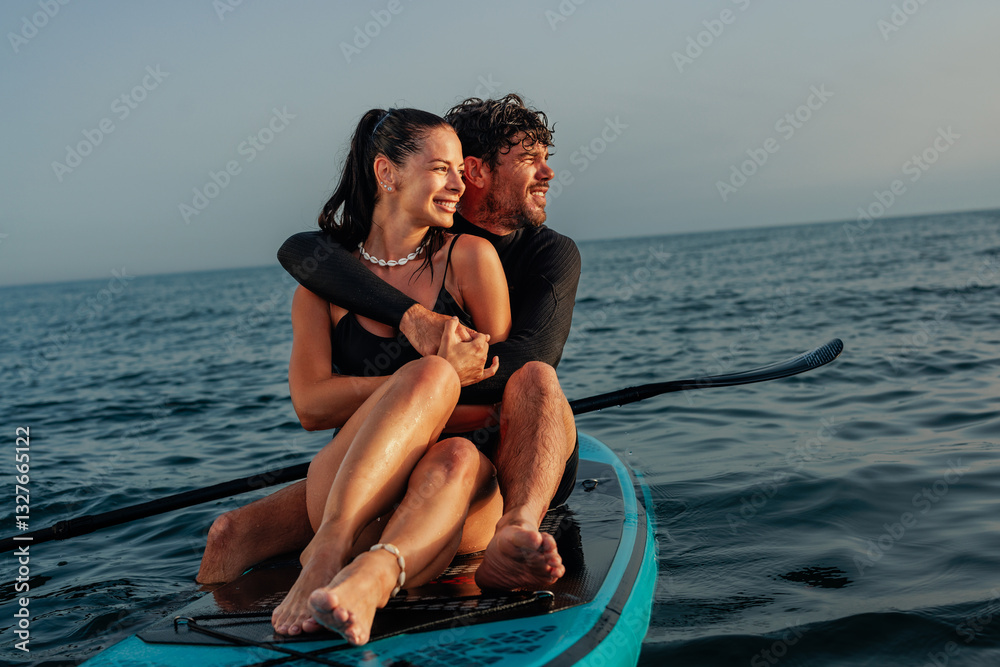 Obraz premium Couple enjoying the calm sea at sunset