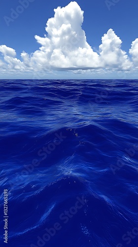 Open sea with wavy water and fluffy clouds in sky