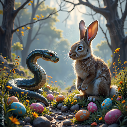 Rabbit and Snake in a Tense Standoff Among Easter Eggs in an Enchanted Forest
