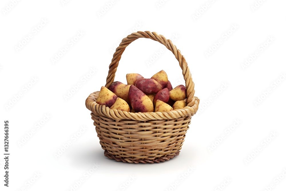 Wicker Basket of Sweet Potatoes isolated on white background Wicker Basket of Sweet Potatoes isolated on white background