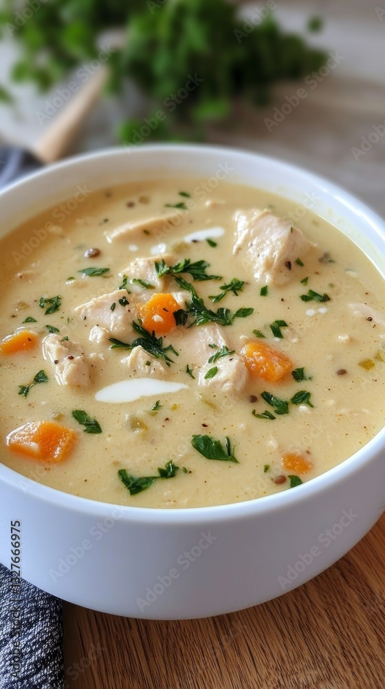 Creamy mulligatawny soup with chicken and lentils served in a minimalist bowl Creamy mulligatawny soup with chicken and lentils served in a minimalist bowl