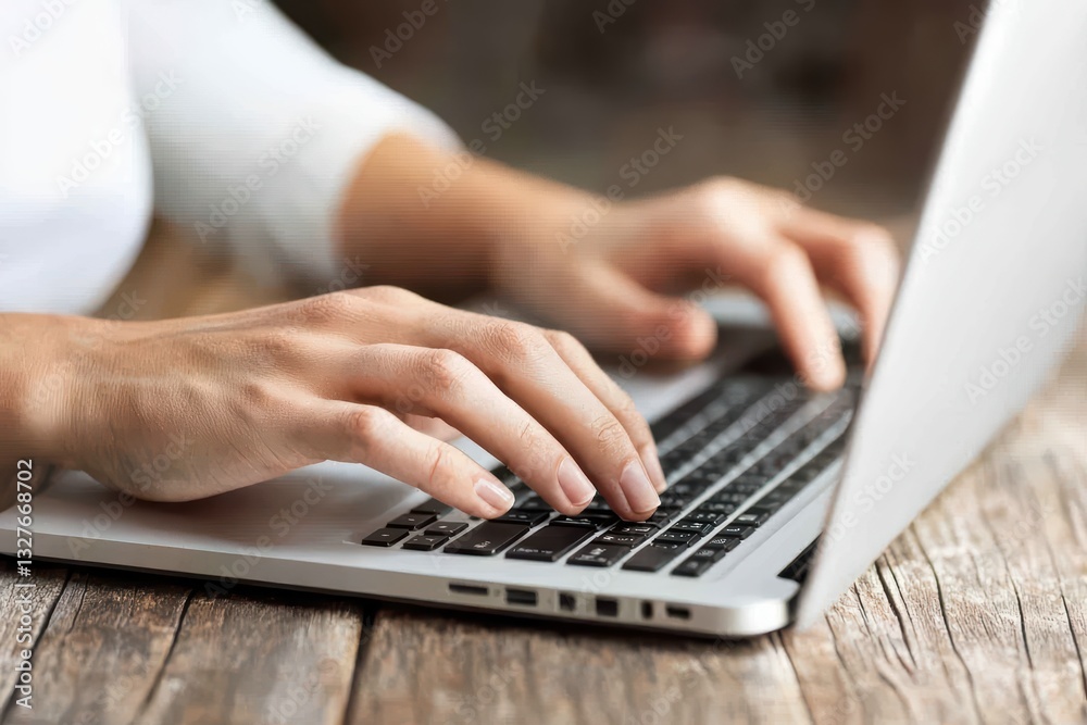 Close-Up of Hands Typing on Laptop Keyboard for Online Productivity Concept in Cozy Environment Close-Up of Hands Typing on Laptop Keyboard for Online Productivity Concept in Cozy Environment