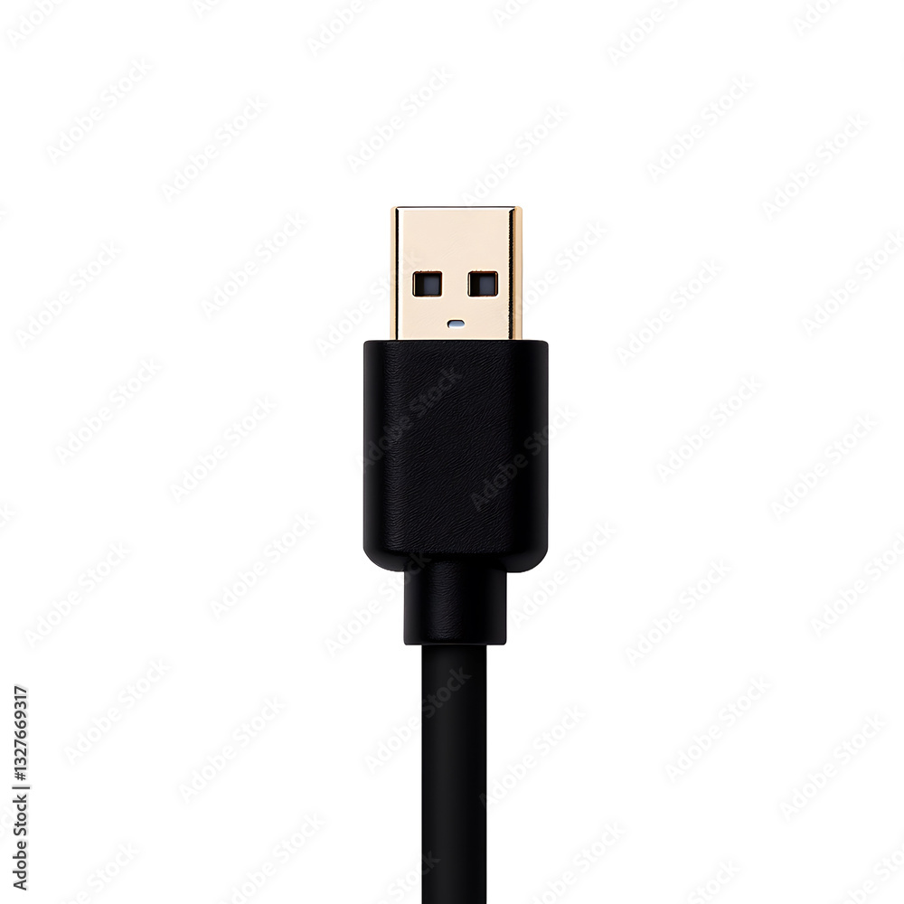 Close-up of a USB cable with a black jacket and a gold connector, used for connecting devices and transferring data on a black background. Close-up of a USB cable with a black jacket and a gold connector, used for connecting devices and transferring data on a black background.