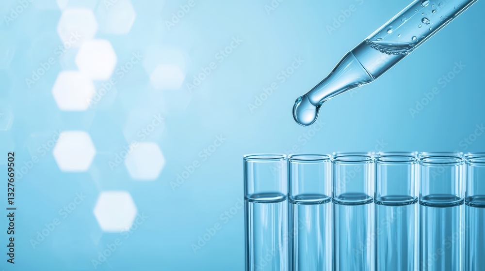Close Up of a Pipet Dropping Liquid into Test Tubes Against a Blue Scientific Background
