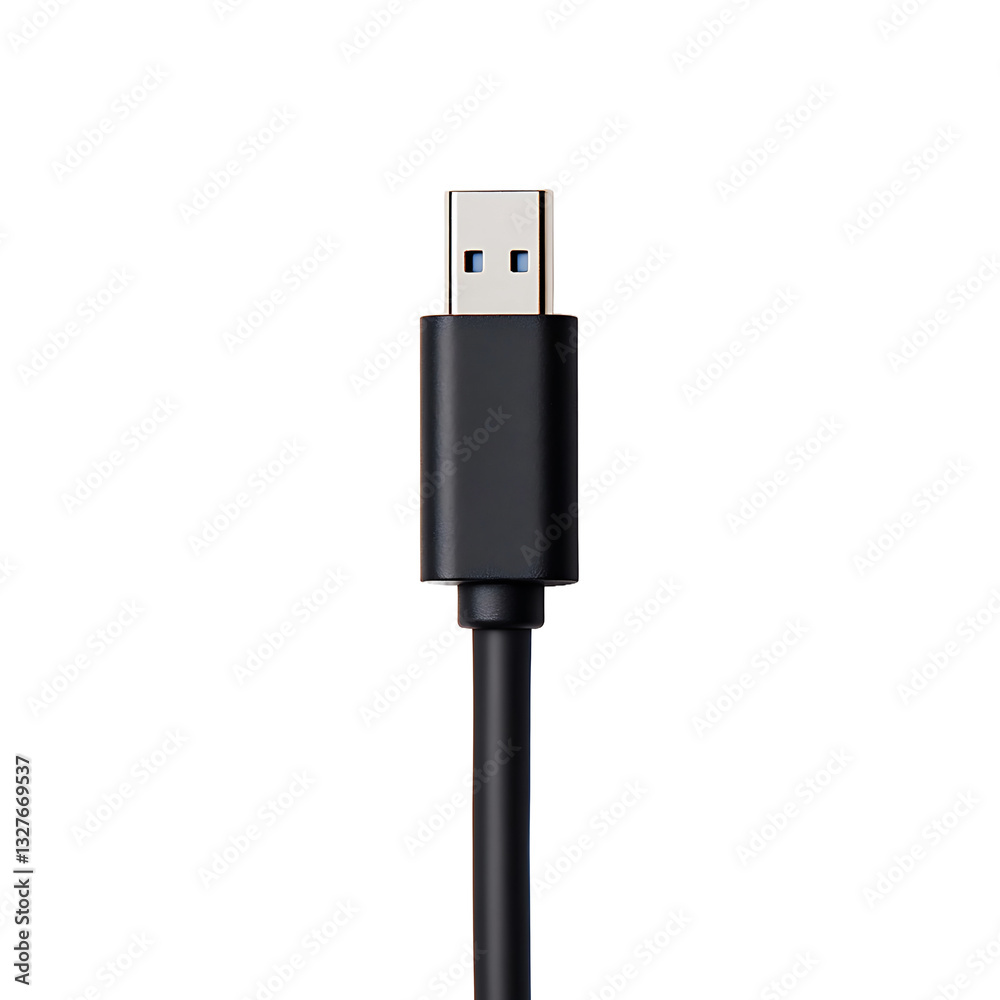 A close-up of a standard USB connector against a solid black background, featuring a minimalist design emphasizing functionality and data transfer. A close-up of a standard USB connector against a solid black background, featuring a minimalist design emphasizing functionality and data transfer.