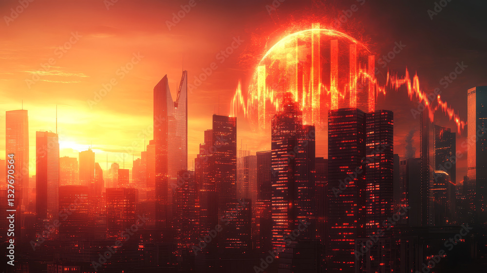 Obraz premium Global economy crisis, currency collapse concept vector illustration. Falling chart global economy, planet with marked places. Man and woman observe drop in production during quarantine.