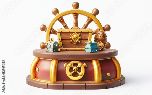 Pirate-themed podium with treasure chests and ship wheels, isolated on a pure white background photo