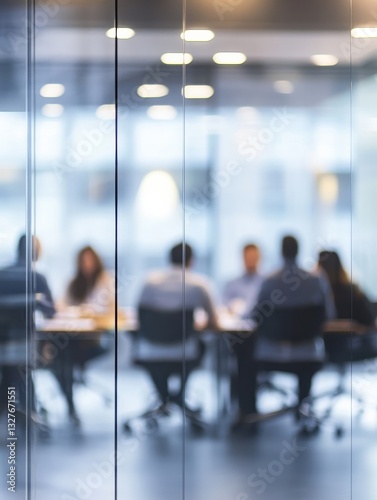 people, work and corporate concept - blurred background with business team meeting at office behind glass wall photo