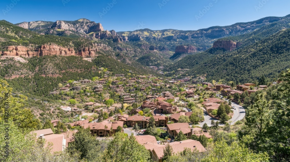 Scenic View of a Serene Mountain Valley with Vibrant Green Forests Scenic View of a Serene Mountain Valley with Vibrant Green Forests