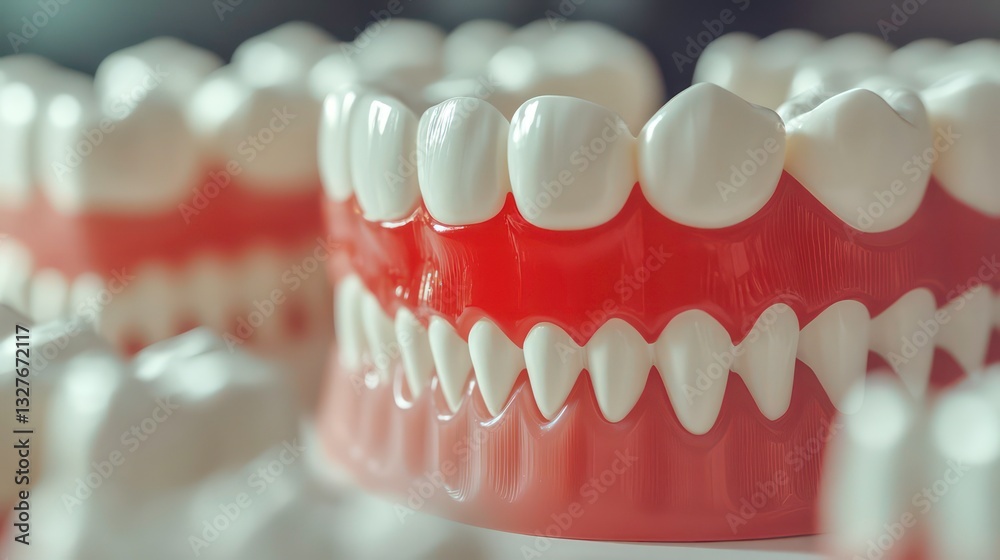 Obraz premium A dental model showing a red tooth among white teeth, highlighting potential decay or damage in a realistic gum setting.