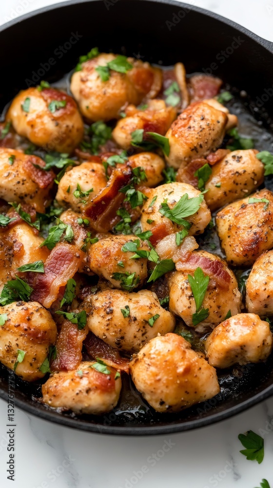 Chicken bites in bacon cheese herb sauce served in a black cast iron pan on a white background for a delicious meal presentation Chicken bites in bacon cheese herb sauce served in a black cast iron pan on a white background for a delicious meal presentation