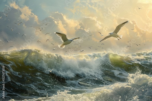 A breathtaking scene of seagulls flying over a large, crashing wave at sunset, Seagulls soaring high above the crashing waves