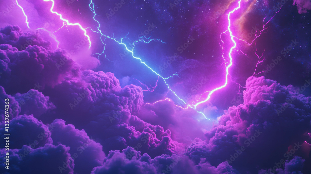 Fototapeta premium Whimsical night sky with vibrant rainbow lightning and purple clouds