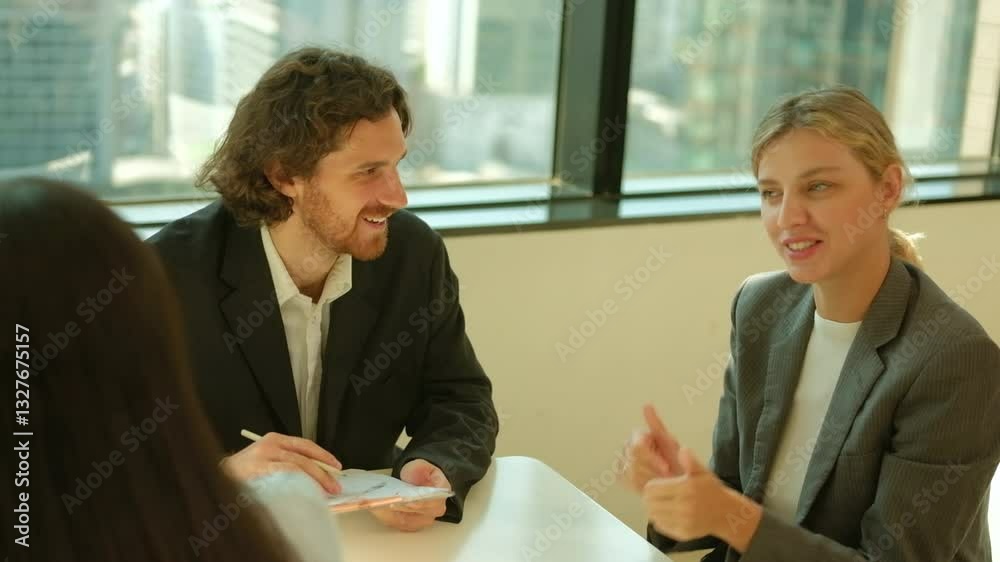 Professional Business Meeting Corporate Discussion and Data Analysis in Modern Office Environment Professional Business Meeting Corporate Discussion and Data Analysis in Modern Office Environment