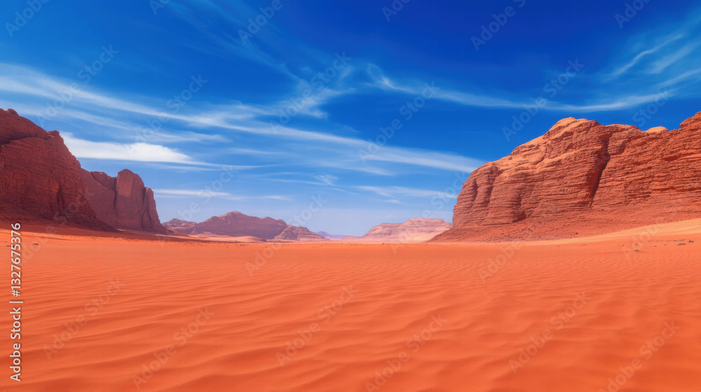 Naklejka premium Majestic martian landscape with red sand and towering cliffs under a clear blue sky