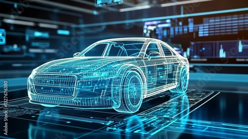 Detailed 3D model of a futuristic car design displayed in a high-tech digital environment