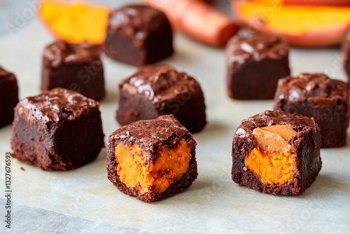 Wallpaper Mural Different chocolate candies are arranged on a light surface, revealing a creamy orange filling inside some. The setting is a bright kitchen, showcasing a delightful treat Torontodigital.ca