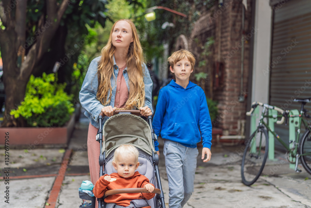 Mother with her two sons exploring lush streets of Condesa, Mexico City. Family adventure in a vibrant urban oasis. Travel, family bonding, and urban greenery concept in Latin America