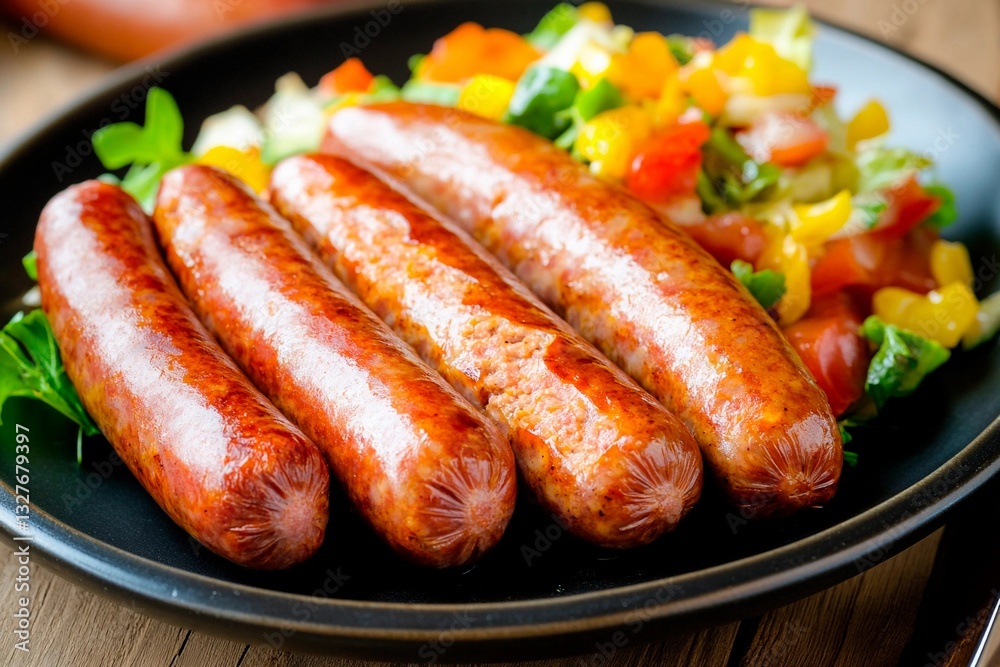 Platter features perfectly grilled sausages accompanied by a colorful fresh vegetable salsa, ideal for summer picnics or outdoor gatherings with friends and family Platter features perfectly grilled sausages accompanied by a colorful fresh vegetable salsa, ideal for summer picnics or outdoor gatherings with friends and family