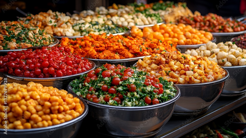 Obraz premium Vibrant Display of Colorful Fresh Ingredients at a Bustling Street Market During a Sunny Afternoon