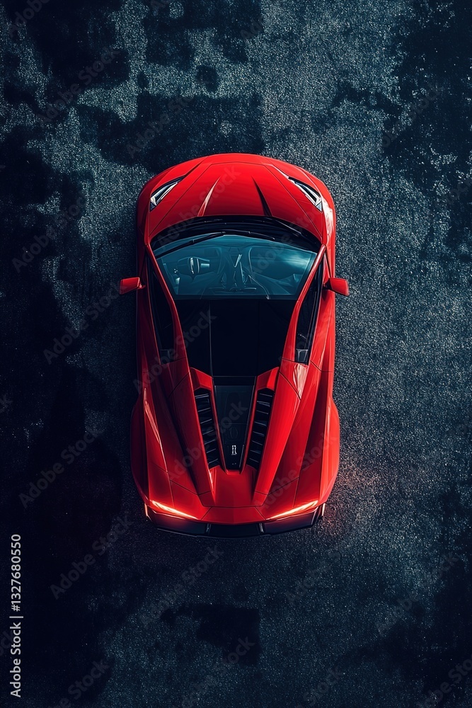 Fototapeta premium A sports car on a dark background, top view, suitable for a mobile wallpaper, with a minimalistic
