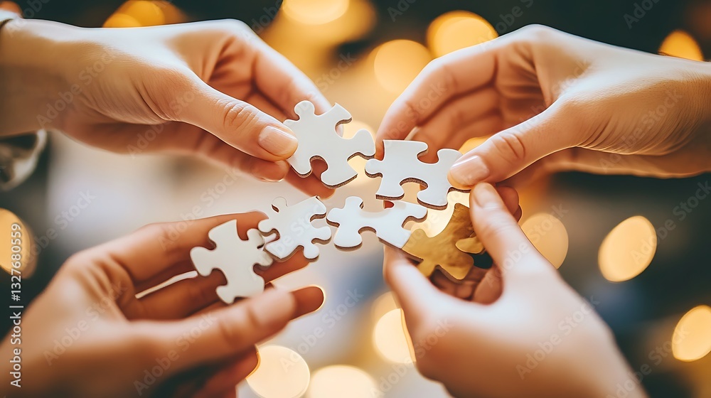 Connecting puzzle pieces by human hands teamwork and problem solving concept Connecting puzzle pieces by human hands teamwork and problem solving concept