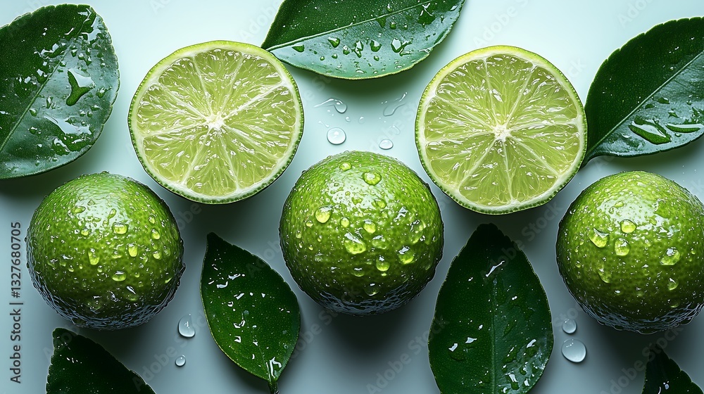 green limes and leaves, with a white background color and water droplets on the fruit surface green limes and leaves, with a white background color and water droplets on the fruit surface