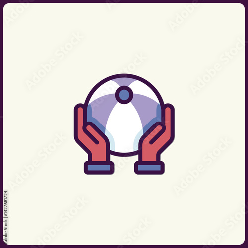 Stylized representation of a beach ball held by two illustrated hands