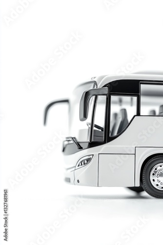 A single white bus sitting on a white surface