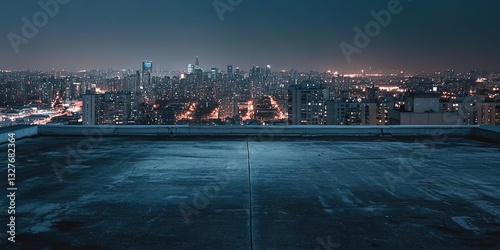Cinematic shot of the Seoul city skyline at night from the rooftop, with an empty concrete floor in the foreground.