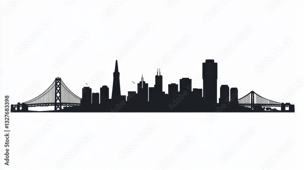 Naklejka premium Minimalist san francisco skyline silhouette with iconic bridges on white background, travel and city themes. Minimalist Silhouette. Illustration