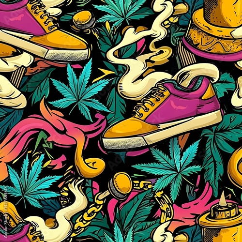 A dynamic seamless graffiti pattern merging hip-hop culture with cannabis themes, showcasing bold spray paint tags, neon-colored accents, and urban textures. Elements like sneakers, gold chains,