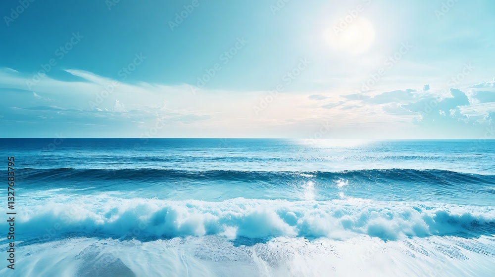 Fototapeta premium Ocean Waves Crashing on Shore with Bright Sun and Blue Sky