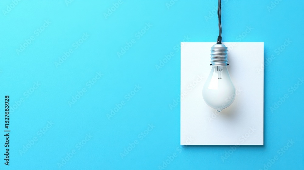 Bright Light Bulb Hanging on a White Frame Against Blue Background Bright Light Bulb Hanging on a White Frame Against Blue Background