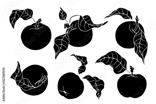 Collection of silhouettes, stamps of fruits apples with leaves. Vector graphics.
