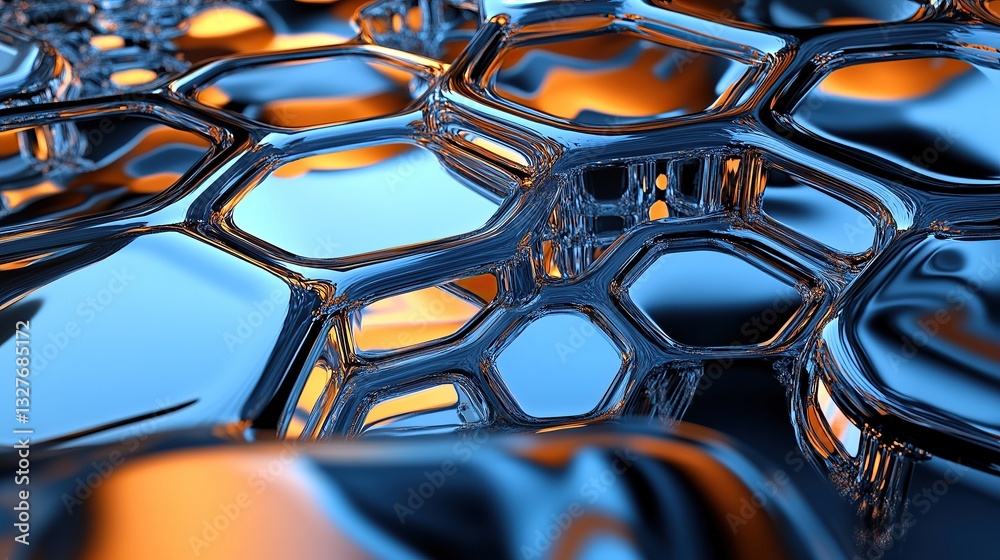 Fototapeta premium Rippling liquid surfaces intertwined with mirror-like hexagons reflecting metallic blue and orange tones