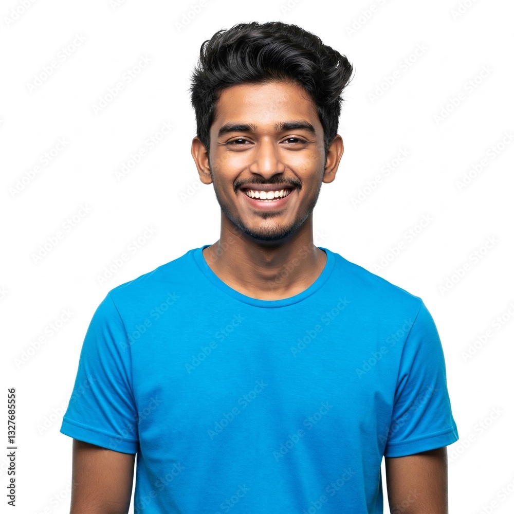 Young Indian man with happy, lucky smile in t-shirt, standing over white background, radiating positivity Young Indian man with happy, lucky smile in t-shirt, standing over white background, radiating positivity